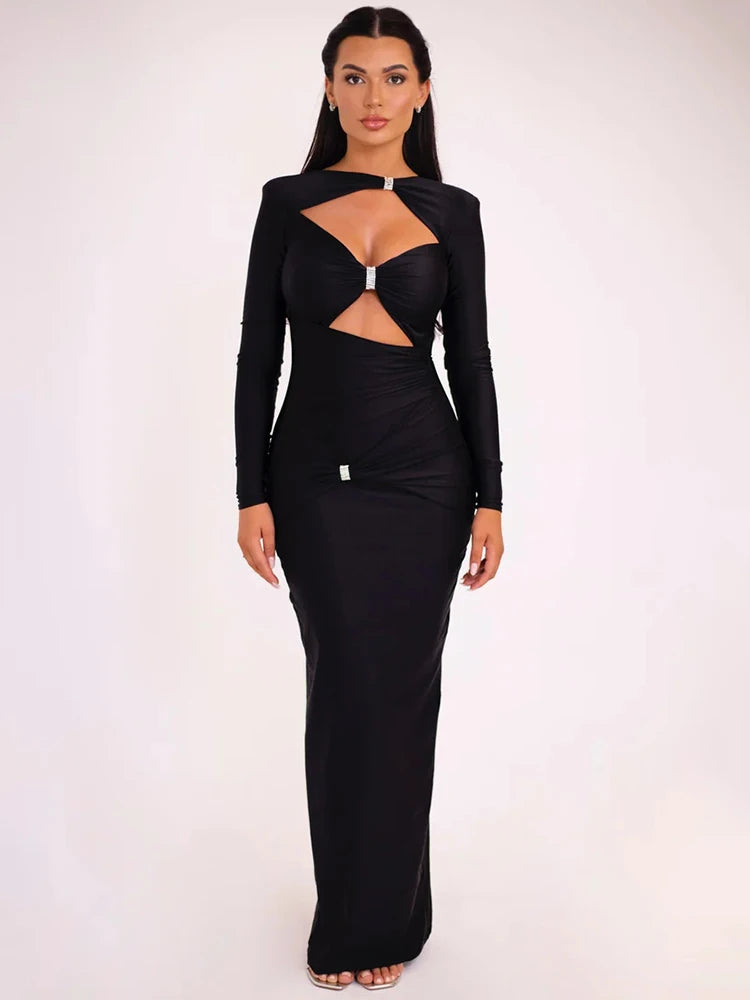 Black long-sleeve dress with cut-out design on a white background