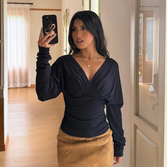 Draped V Neck Long Sleeve Top
