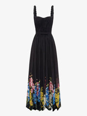 Black Pleated Floral Print Hem Maxi Dress