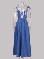 Blue Backless V-Neck Spaghetti Strap Maxi Dress