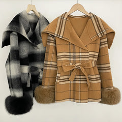 Side-by-side view of Khaki Plaid and Black Plaid coats
