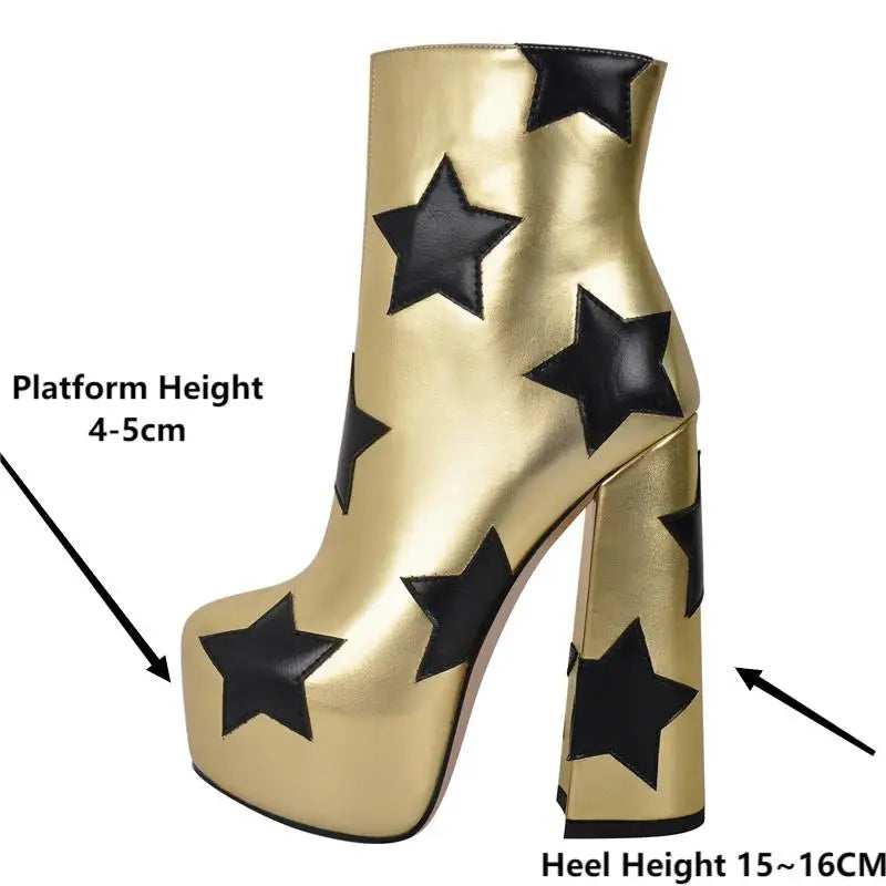 Diagram showing platform height and heel height of metallic gold platform ankle boots with star appliques.