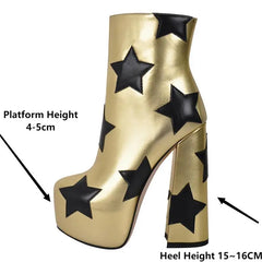 Diagram showing platform height and heel height of metallic gold platform ankle boots with star appliques.