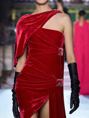 Red Velvet One-Shoulder Draped Gown with High Split