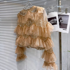 Side view of Ruffled Beaded Mesh top