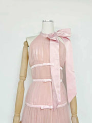 Pink Bow Detail Tulle Maxi Dress