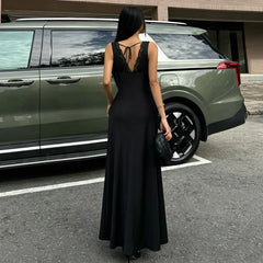 Black Lace Trimmed V-Neck Maxi Dress