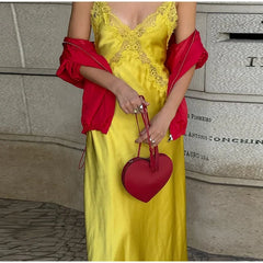 Satin Slip Lace Trim Straps V-neck Long Dress