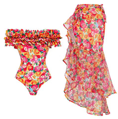 Ruffled off-the-shoulder one-piece swimsuit with floral print and tiered wrap skirt.