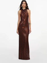 Halter neck sequin maxi dress front view
