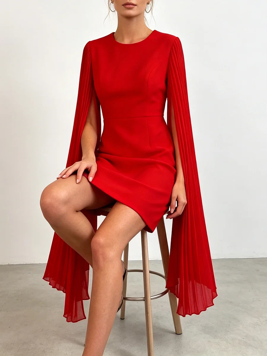 Red mini dress with pleated cape sleeves