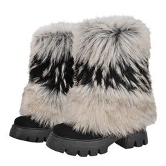 Faux fur platform mid calf boots with a chunky sole.