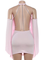 Pink Pearl Chain Off-Shoulder Flare Sleeve Mini Dress