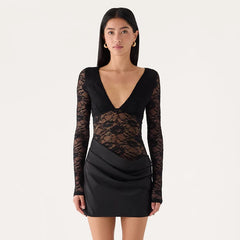 Sheer Lace V-Neck Long Sleeve Mini Dress