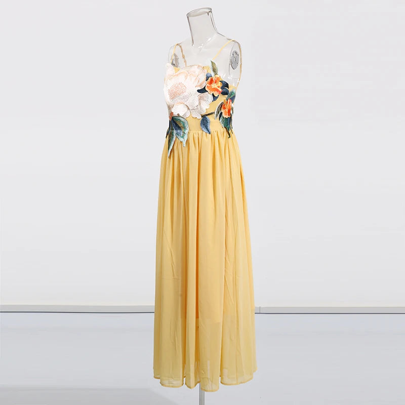 Yellow dress with floral top on a mannequin against a white background