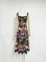 Black Floral Embroidered A-line Midi Dress