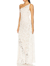One-shoulder ruffled lace maxi dress front view