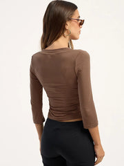 V Neck Three Quarter Sleeve Crop Top
