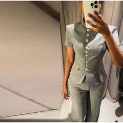 Short Sleeve Pinstripe Fitted Blazer and Wide Leg Pants Two-Piece Set