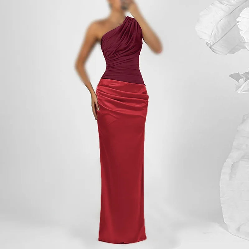 Red one-shoulder evening gown on a white background