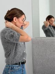 Mock Neck Puff Sleeve Fuzzy Top