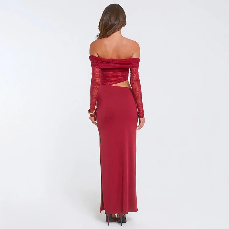 Red off-shoulder gown with long sleeves on a white background