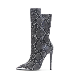 Snake Print Pointed Toe Stiletto Boots