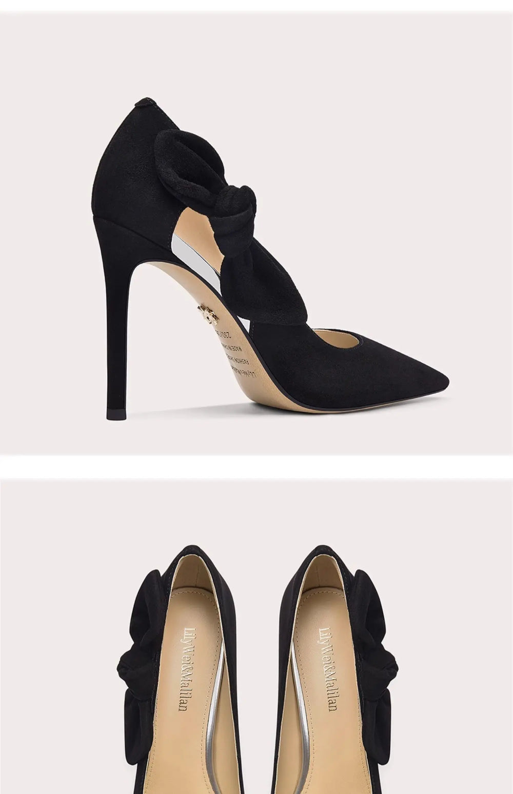 Black high-heeled shoes with bow detail on a light gray background