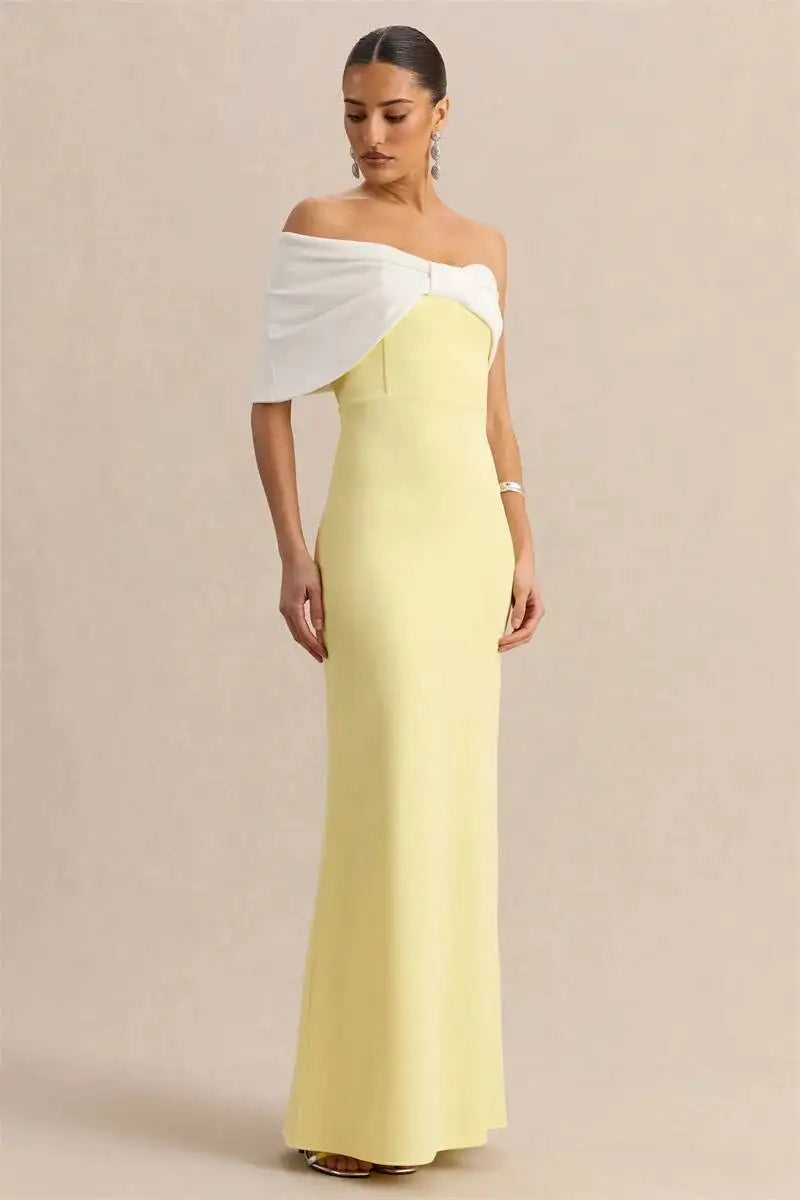 Yellow off-shoulder bow maxi dress detail
