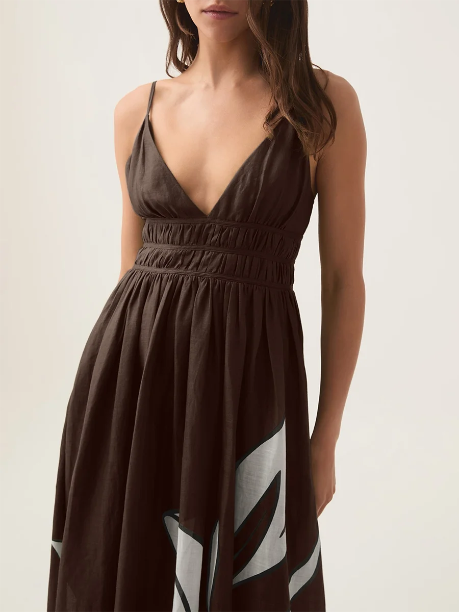 Close-up of the V-neck and shirring detail on a brown floral print maxi dress