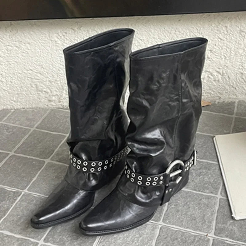 Black pointed toe ankle boots with buckle strap