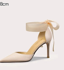 Beige Silk Ribbon-Tie Heels | Platform Bow Ankle Party Pumps