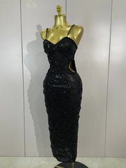 Pearl Beaded Sequins Spaghetti Strap Bodycon Long Dress