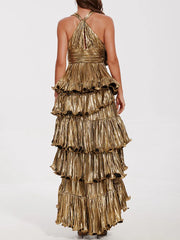 Metallic Tiered Halter Maxi Dress with Frill Layers