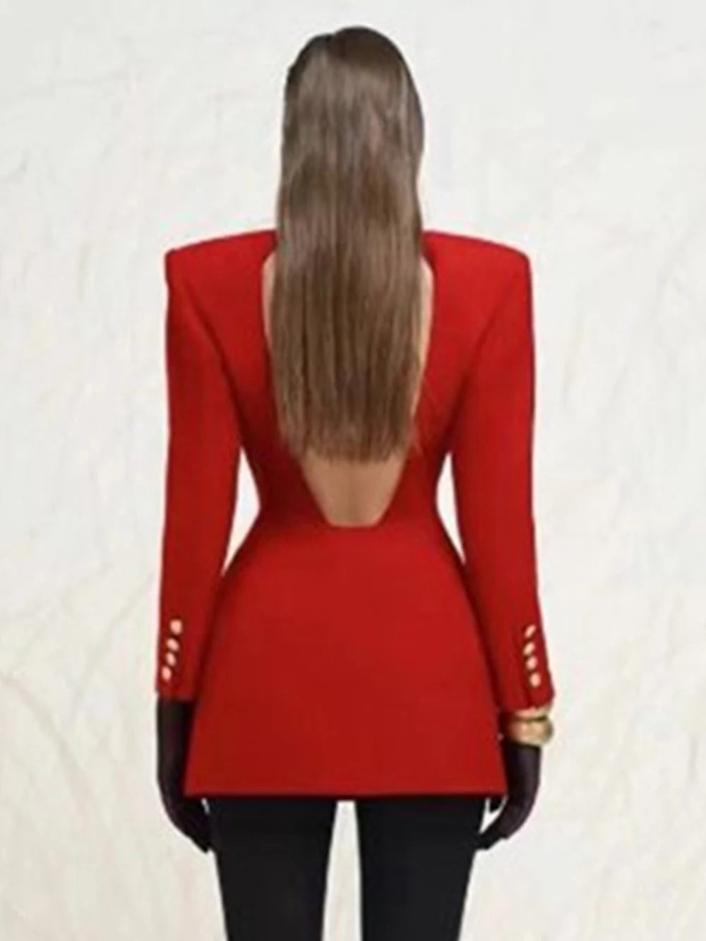  Red Deep V-Neck Open Back Long Sleeved Women Suit