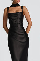 Black satin dress, wrap neck - close-up