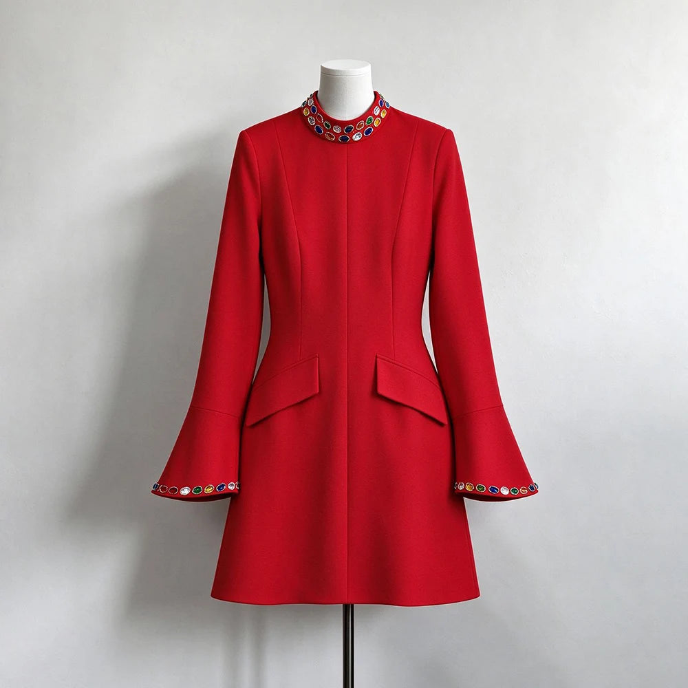 Red crystal embellished stand neck mini dress on mannequin