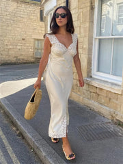 Patchwork Satin Lace Maxi Dress – Elegant V-Neck Evening Gown