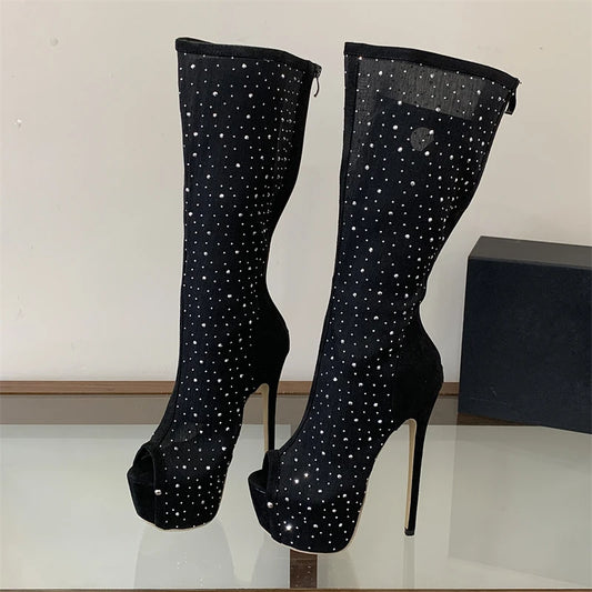 Black mesh peep toe knee-high platform boots with crystal embellishments