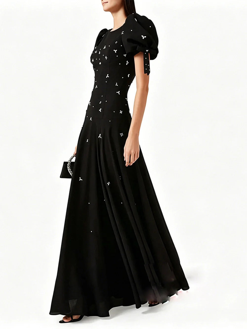 Puff sleeve embellished maxi dress with handbag