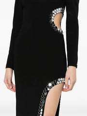 Close-up of sequin embellishment on black maxi dress cutout