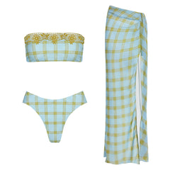 Plaid Lace Bikini and Skirt Set