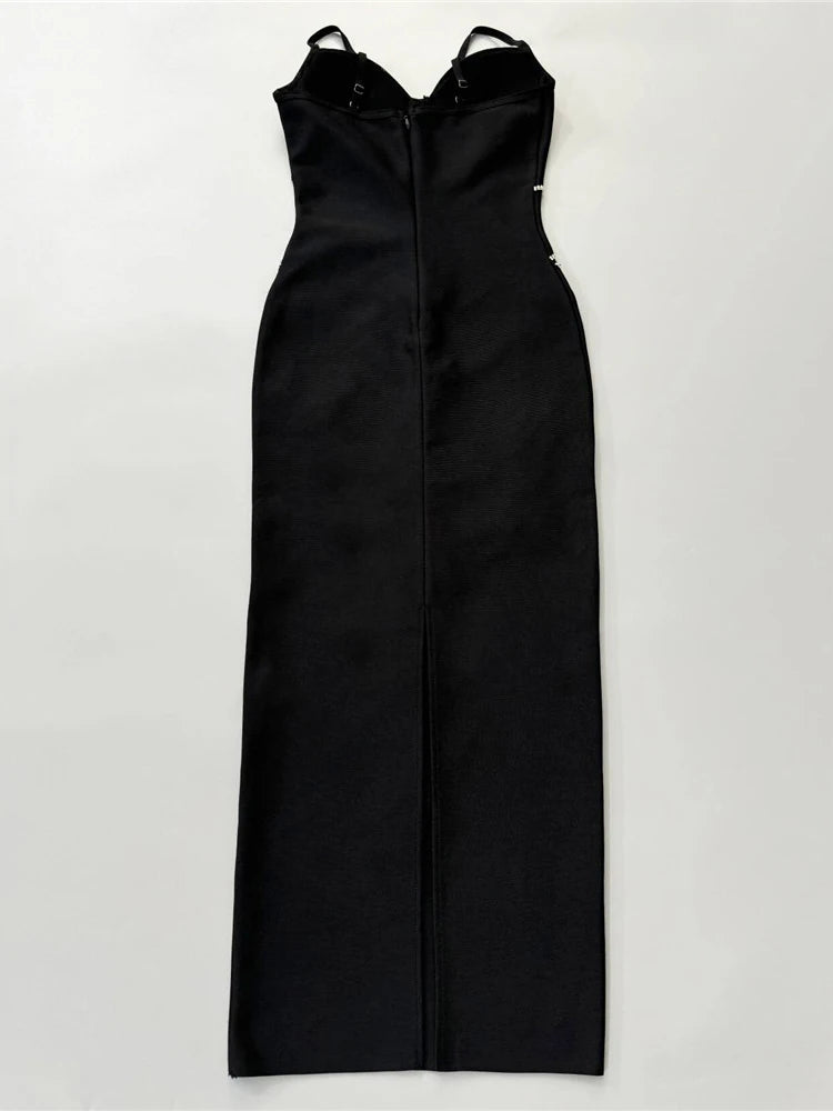 Black strapless dress on a white background