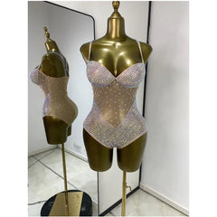 Rhinestone mesh strappy bodysuit front view