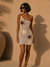 One shoulder crochet mini dress with floral applique