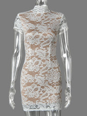 Lace Short Sleeve Turtleneck Bodycon Mini Dress