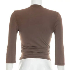 V Neck Three Quarter Sleeve Crop Top