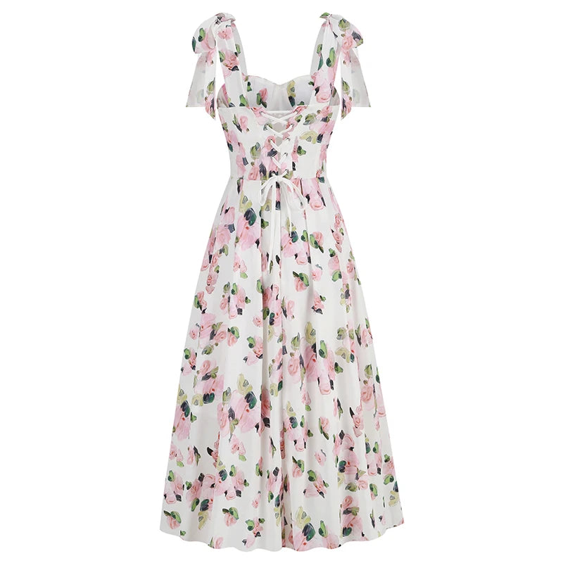 Flat lay of a floral print off-shoulder midi dress.