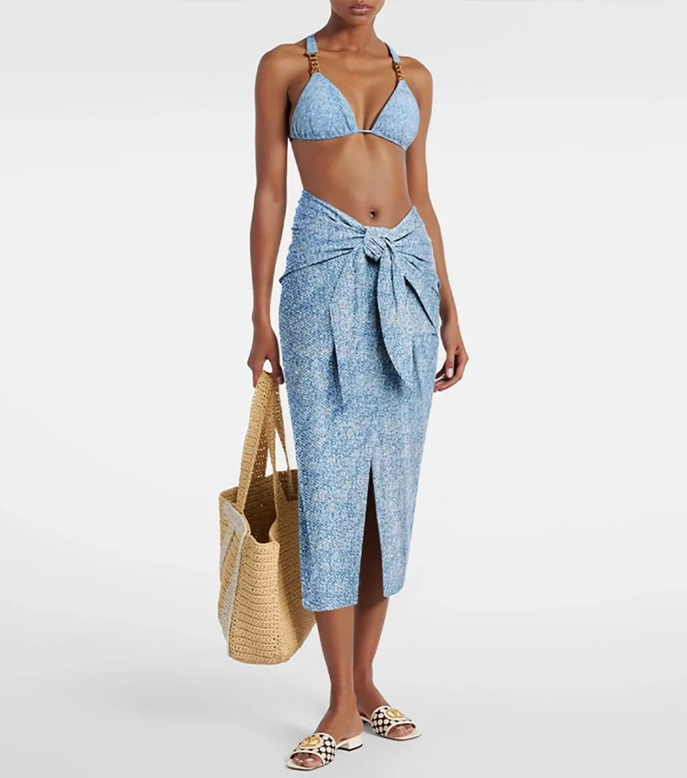 Strapless belted swimsuit with a tie-front midi skirt