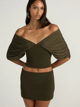Off shoulder gathered knit crop top front view